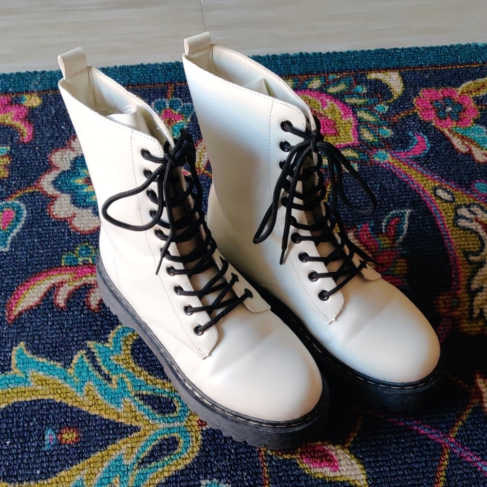 White and Black Platform Lace up Combat Boots